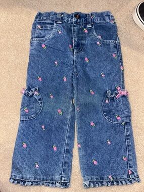 Girls' Blue Denim Floral Embroidered Jeans